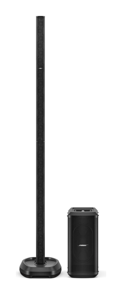 Tampak Tampak depan, ditampilkan bersama modul bass Sub1 (opsional) Bose L1 Pro32 Portable Line Array System — active speaker