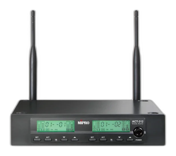 Tampak Render resmi tampak depan half-rack ACT-312 Mipro ACT-312 UHF Analog Dual-Channel Diversity Receiver — wireless mic receiver