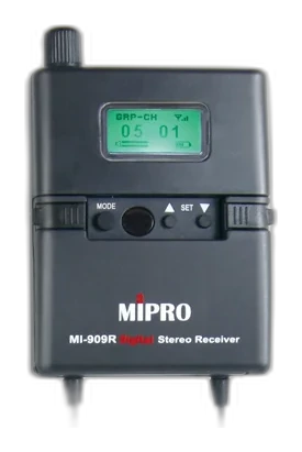Tampak Render resmi MI-909R, bodypack tampak depan Mipro MI-909R UHF Digital Stereo Bodypack IEM Receiver — iem receiver