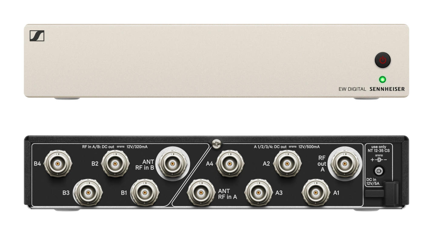 Tampak Render resmi EW-D ASA tampak depan dan belakang Sennheiser EW-D ASA — antenna splitter
