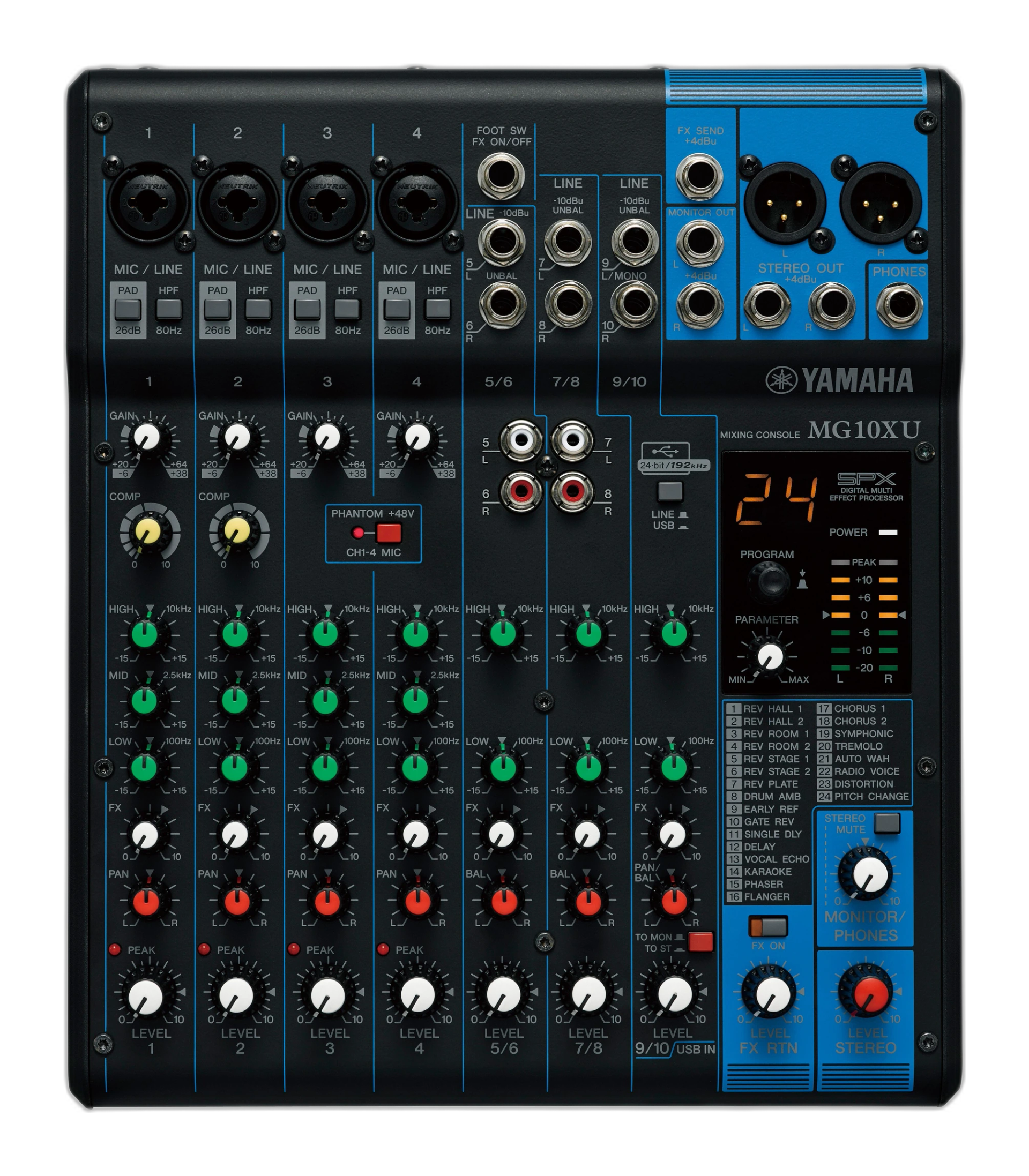 Tampak Tampak depan Yamaha MG10XU — analog mixer