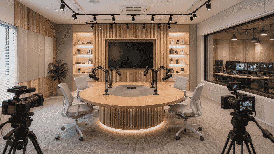 Studio broadcast dan podcast profesional dengan sistem audio visual, akustik ruangan, kamera, lighting, dan solusi produksi konten di Indonesia