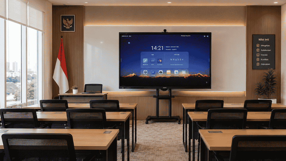 Smart Classroom dengan display interaktif, sistem audio visual pembelajaran, hybrid learning, dan solusi ruang training modern di Indonesia.