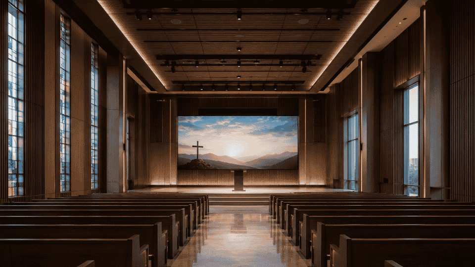 Sistem audio visual House of Worship dengan LED display, sound system profesional, live streaming, dan solusi AV rumah ibadah di Indonesia.